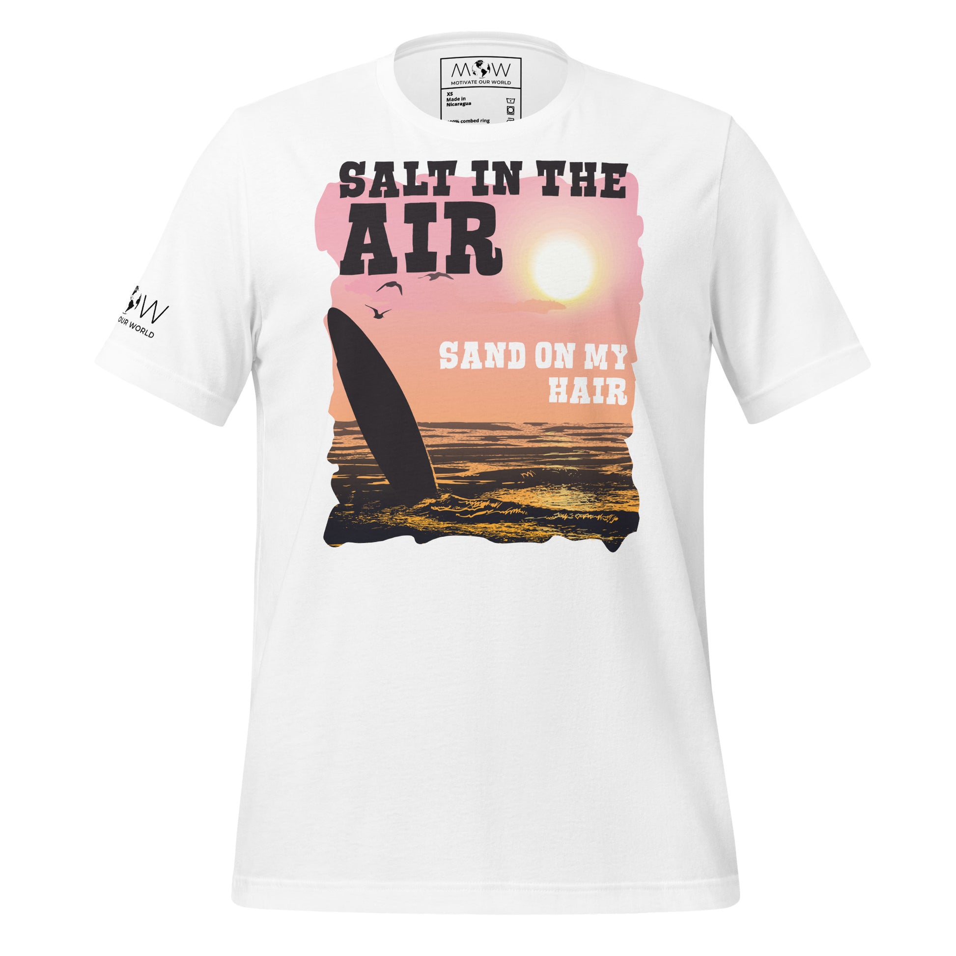 Salt in the Air, Sand on My Hair (Sunset Surf Design) Men's Motivational White T-Shirt