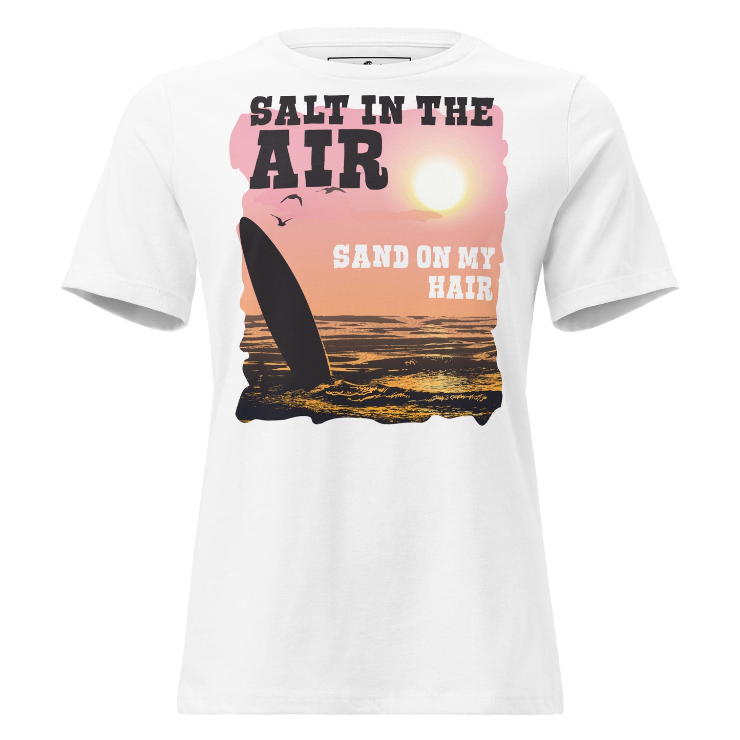 Salt in the Air, Sand on My Hair (Sunset Surf Design) White Motivational Women’s T-Shirt 