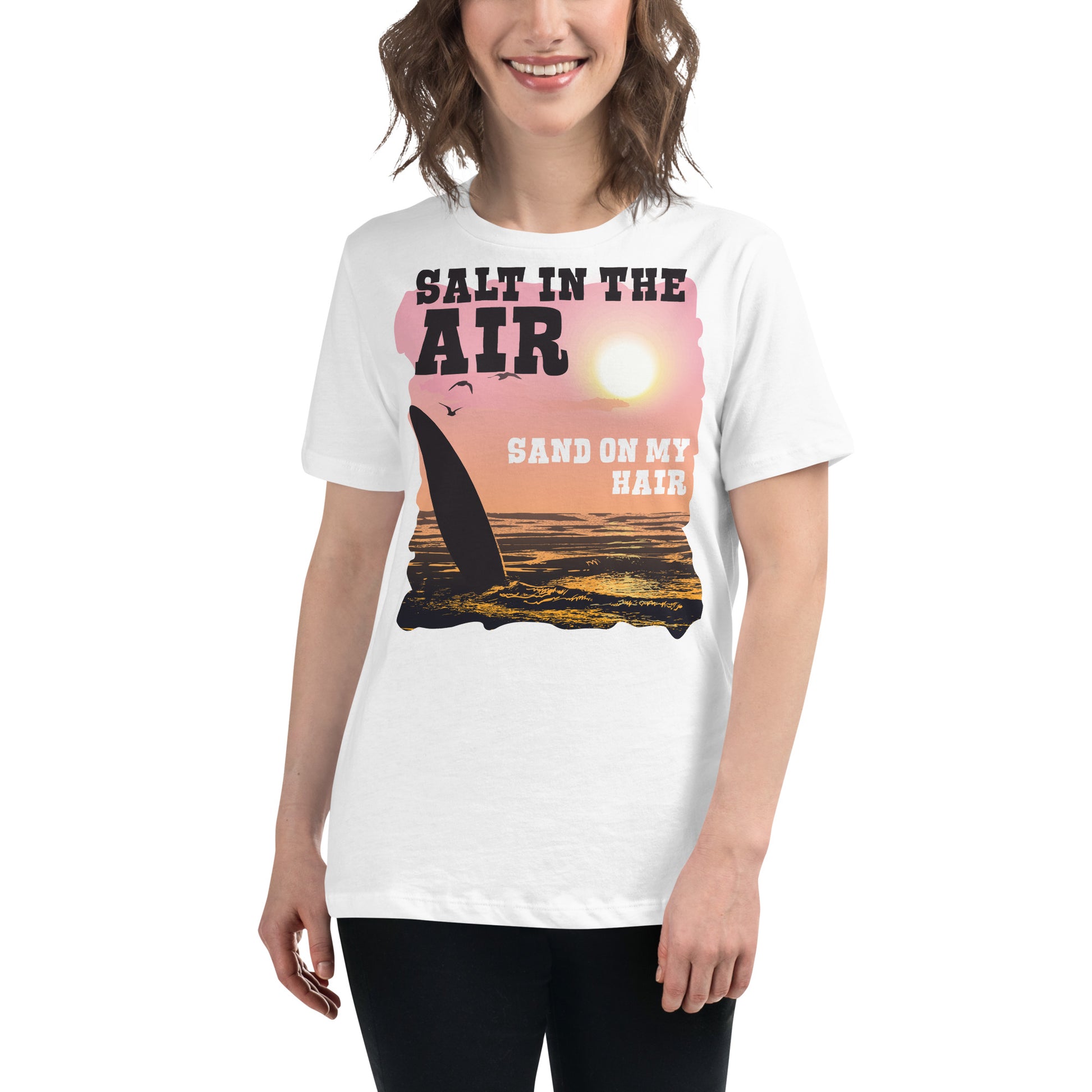 Salt in the Air, Sand on My Hair (Sunset Surf Design) White Motivational Women’s T-Shirt Lifestyle