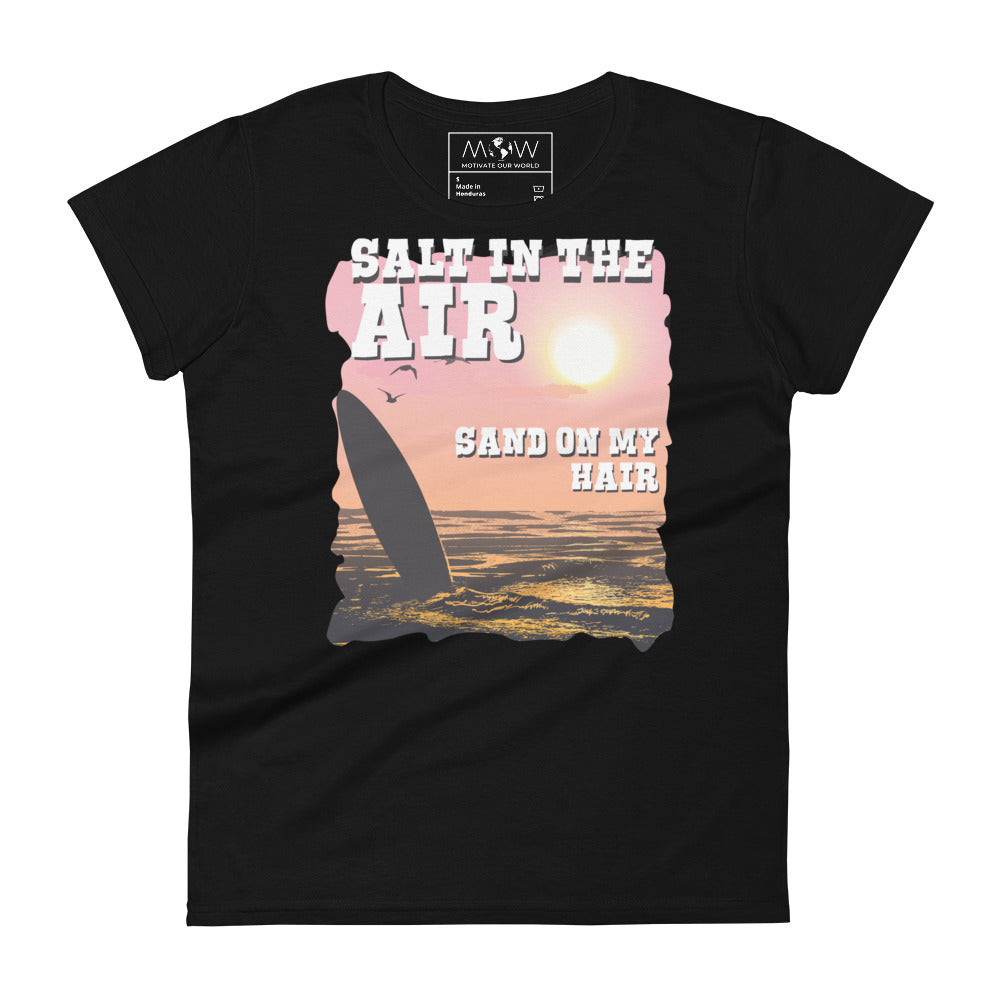 Salt in the Air, Sand on My Hair Women’s Motivational Black T-Shirt