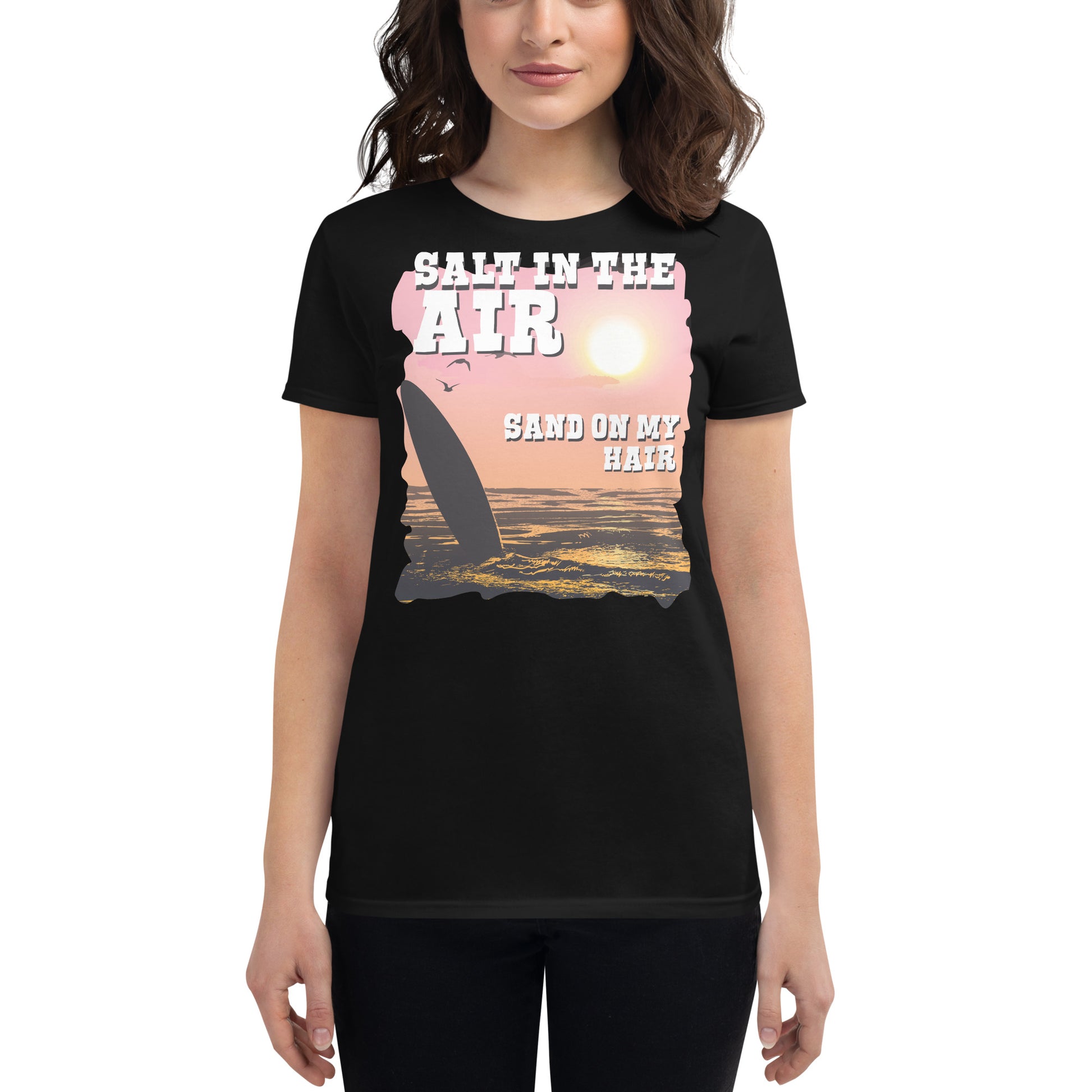 Salt in the Air, Sand on My Hair Women’s Motivational Black T-Shirt