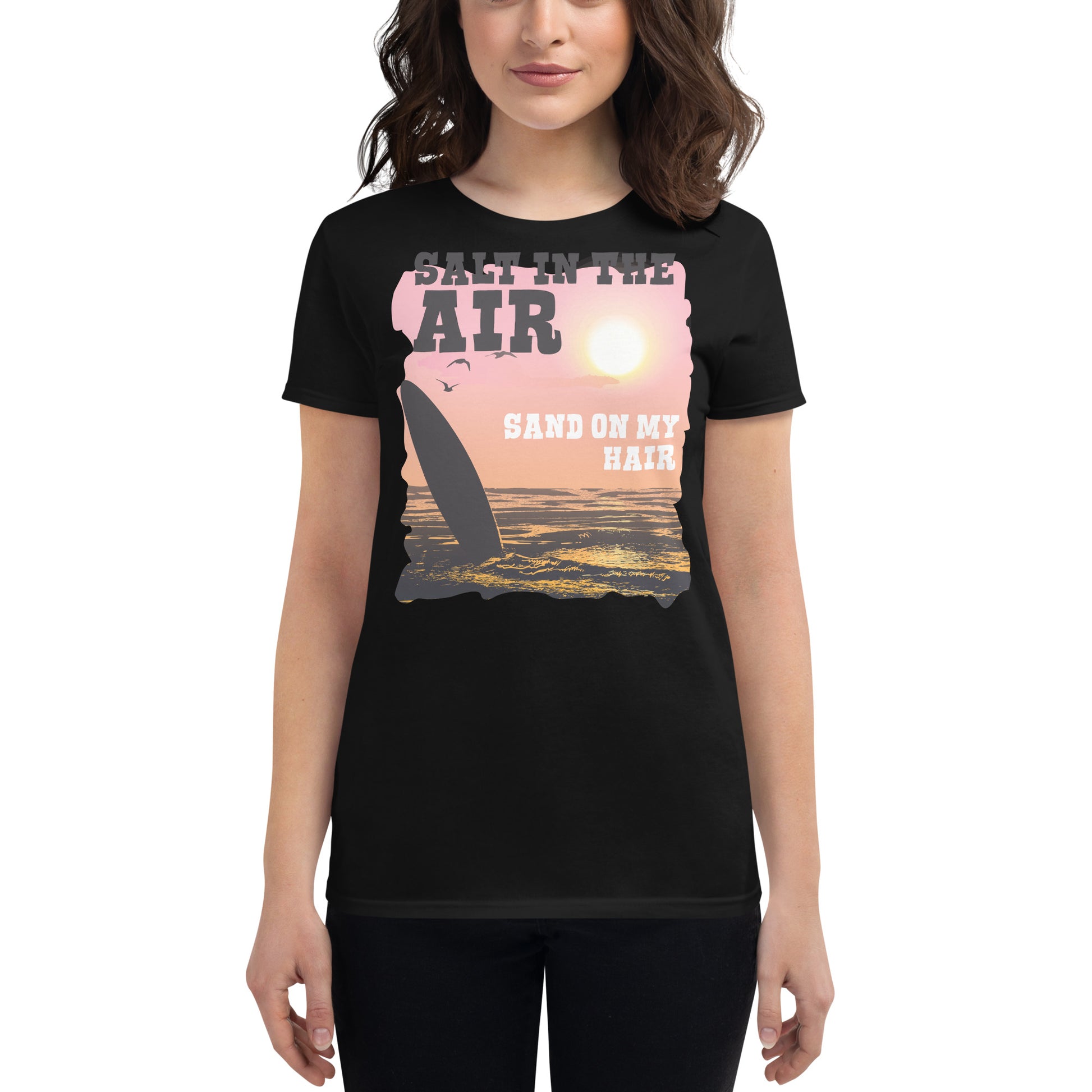 Salt in the Air, Sand on My Hair Women’s Motivational Black T-Shirt