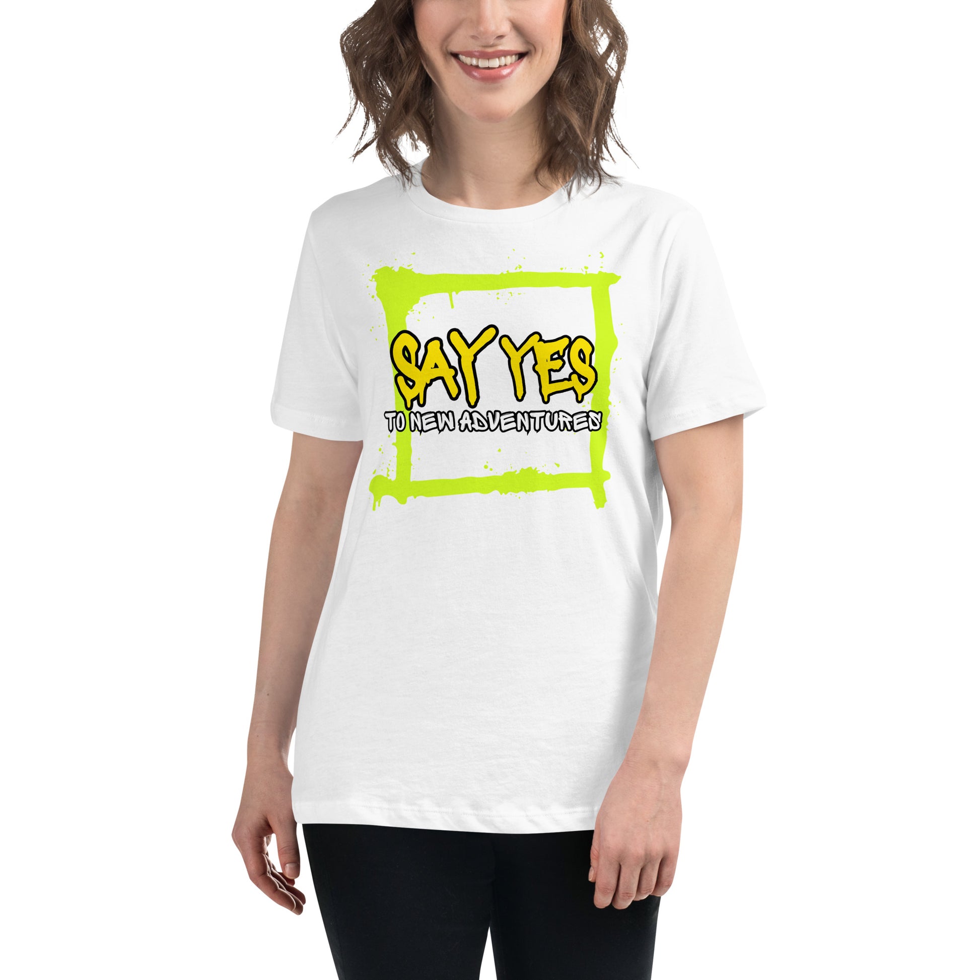 Say Yes To New Adventures Graffiti White Motivational Women’s T-Shirt Lifestyle