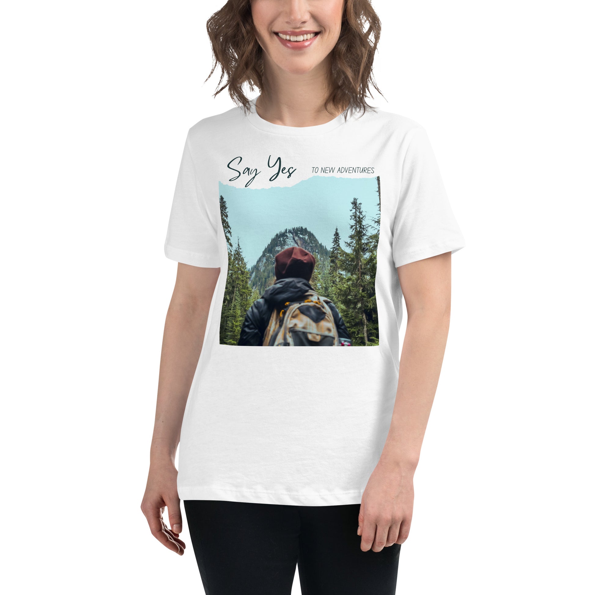 Say Yes To New Adventures Mountain Trail White Motivational Women’s T-Shirt Lifestyle