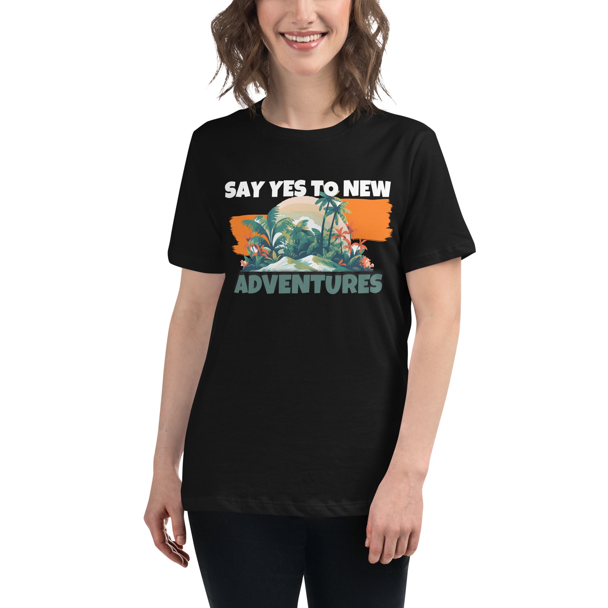 Say Yes To New Adventures Tropical Black Motivational Women’s T-Shirt Lifestyle