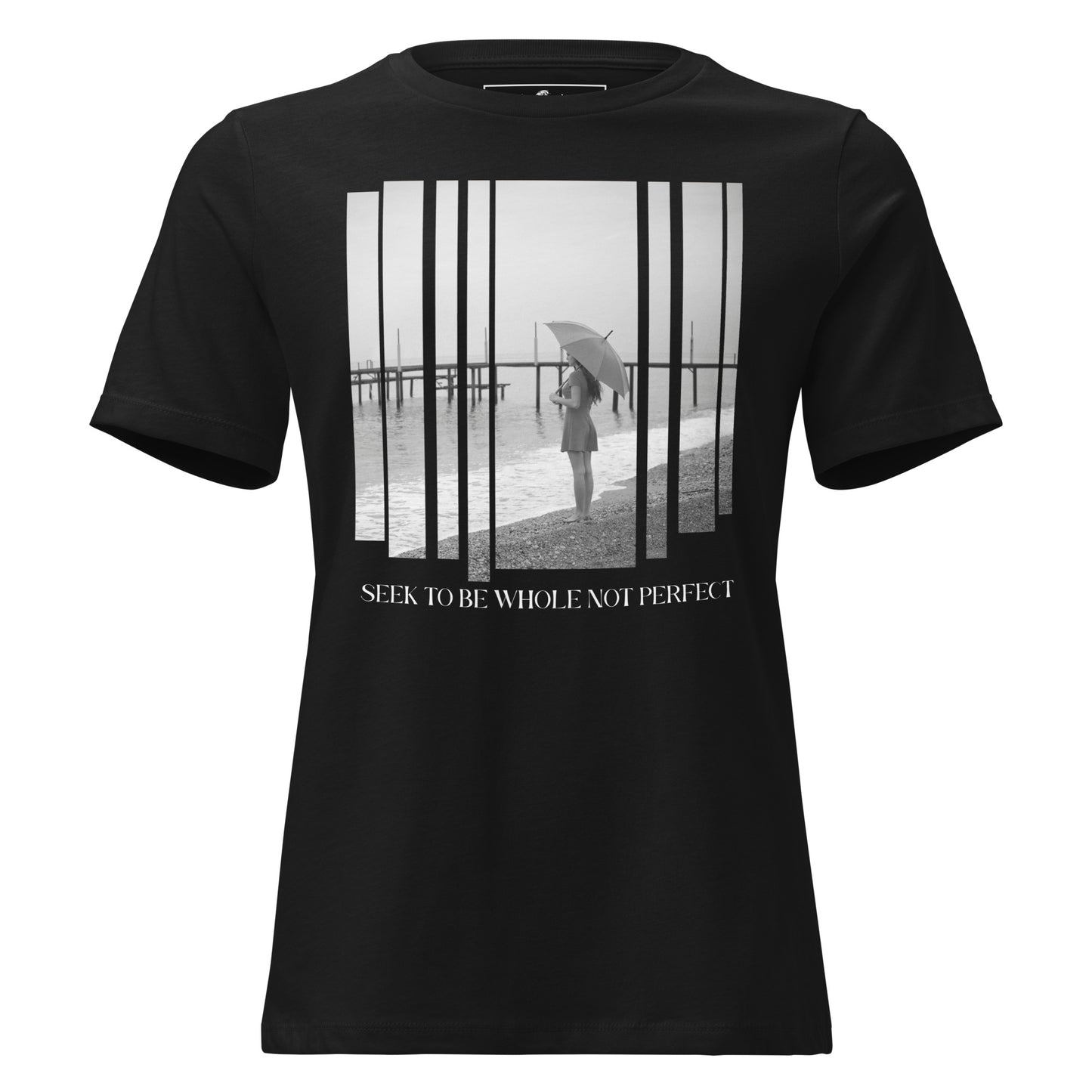 Seek to Be Whole Not Perfect - Beach Scene Black Motivational Women’s T-Shirt