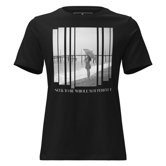 Seek to Be Whole Not Perfect - Beach Scene Black Motivational Women’s T-Shirt