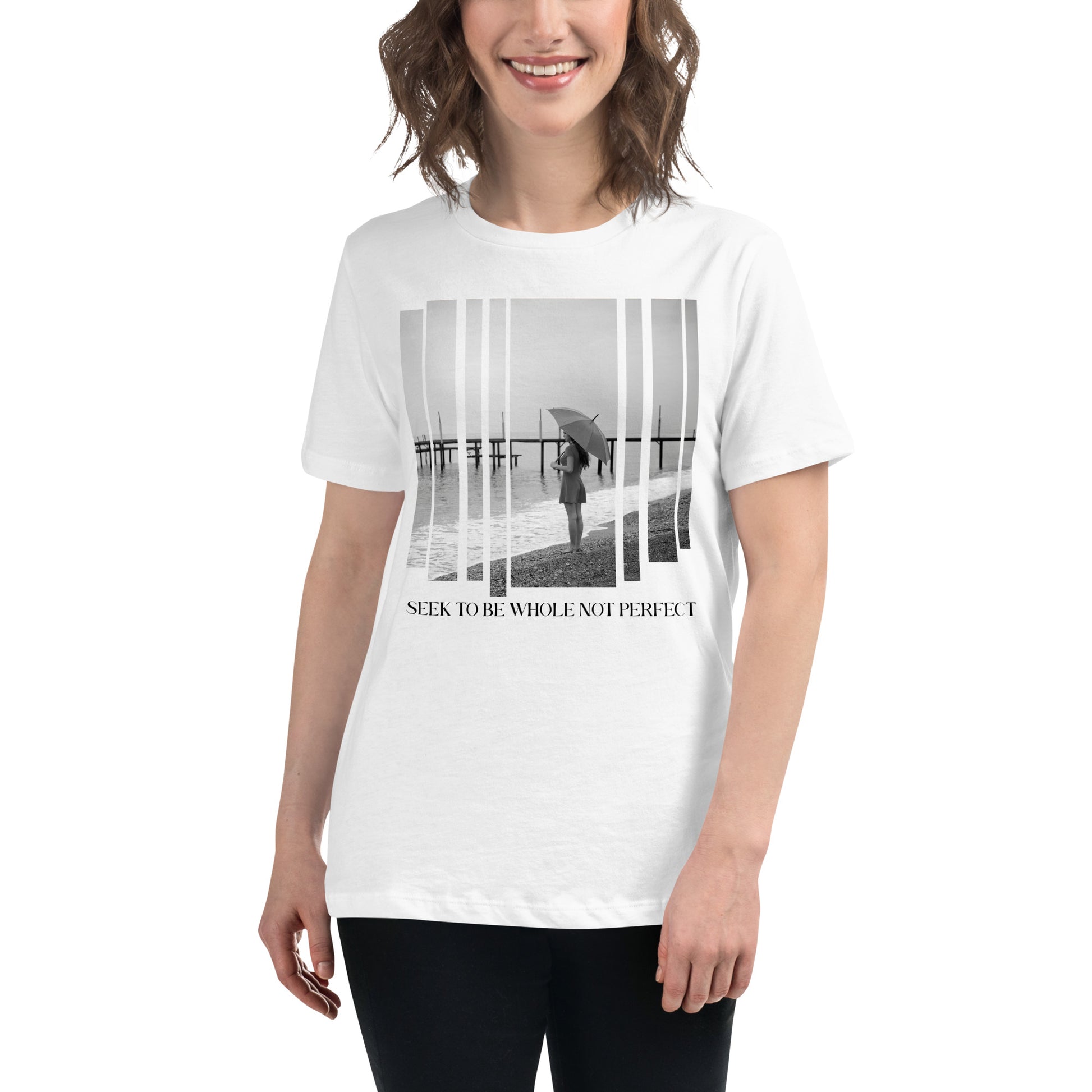 Seek to Be Whole Not Perfect - Beach Scene White Motivational Women’s T-Shirt Lifestyle