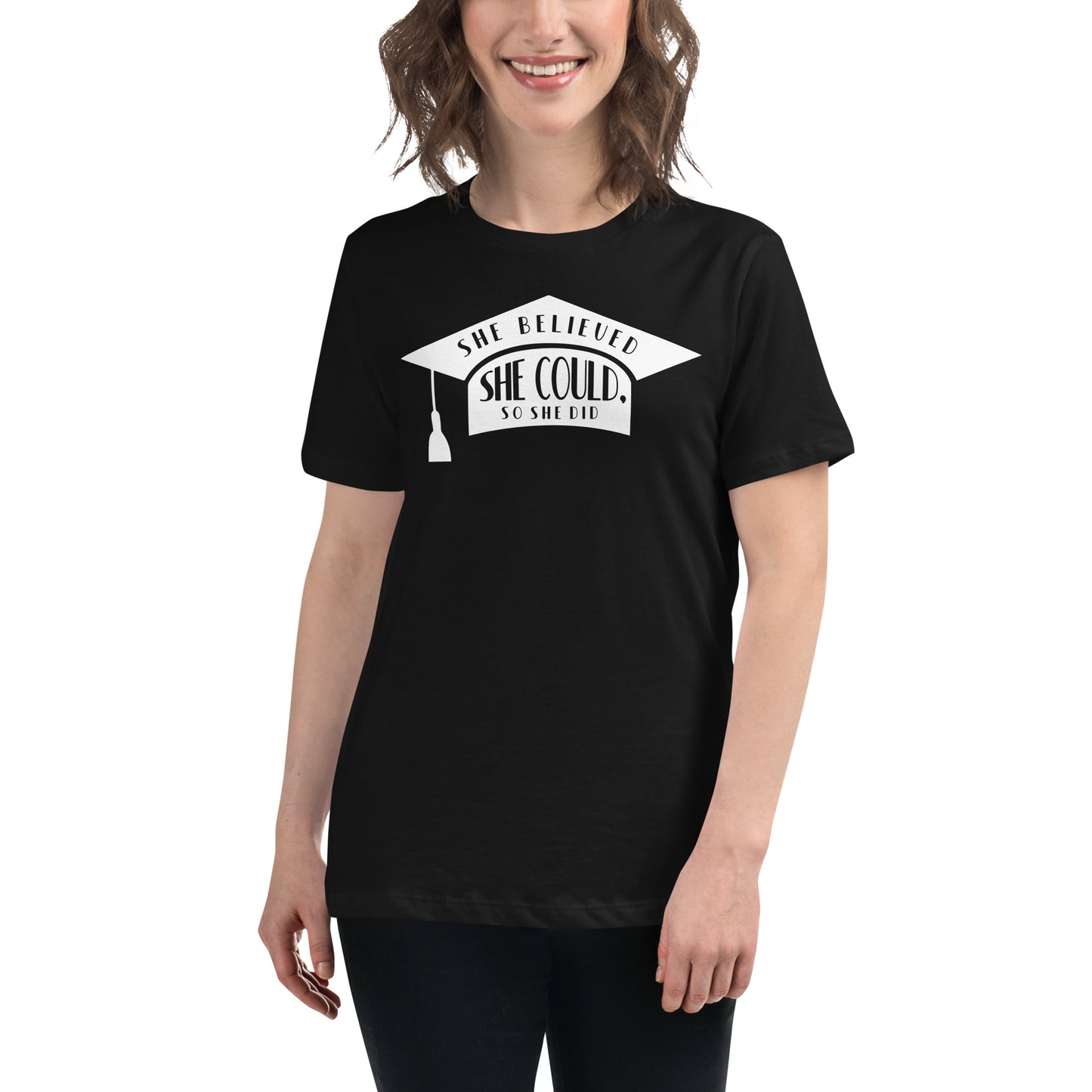 "She Believed She Could So She Did" Minimalist Graduation Cap Black Motivational Women’s T-Shirt Lifestyle