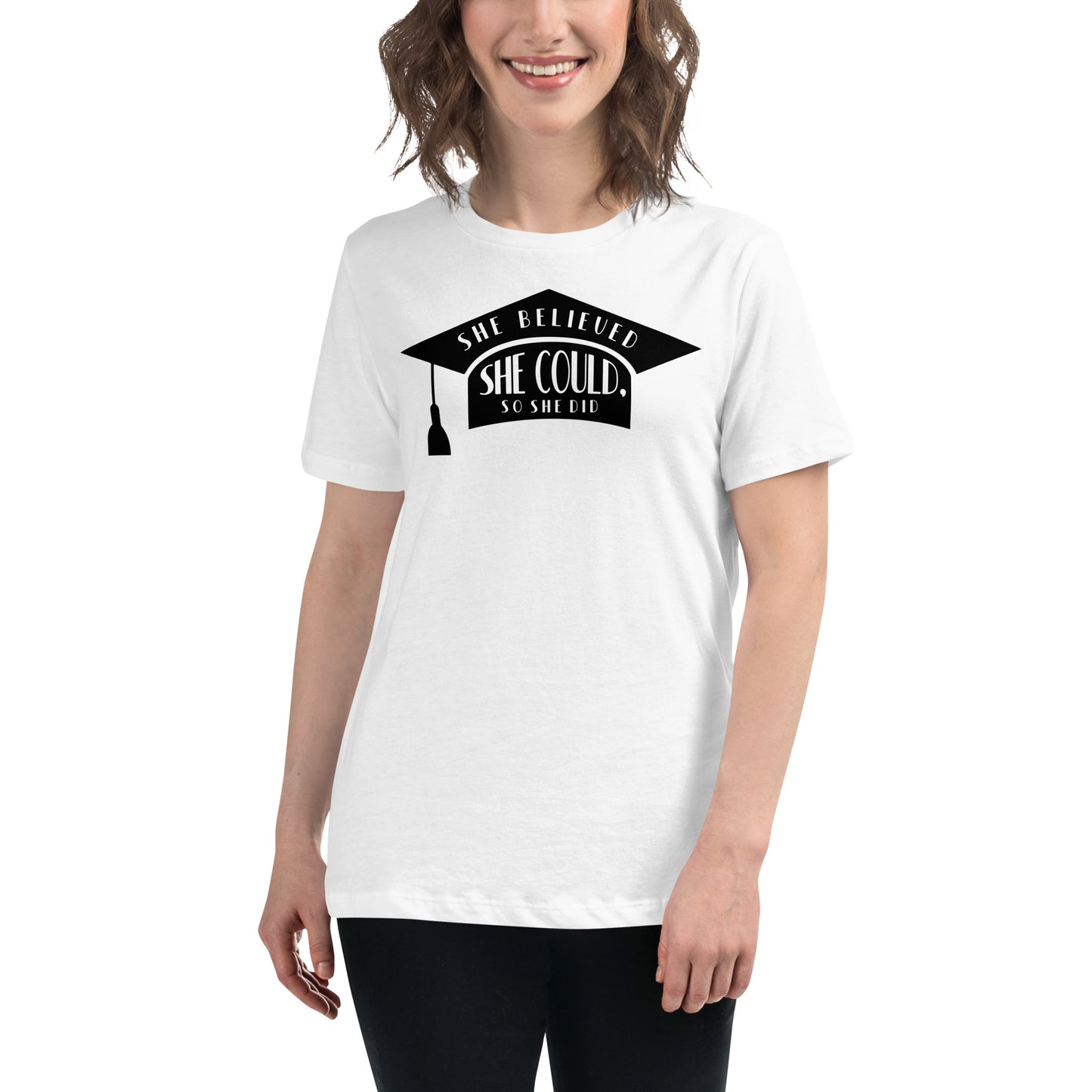 "She Believed She Could So She Did" Minimalist Graduation Cap White Motivational Women’s T-Shirt Lifestyle