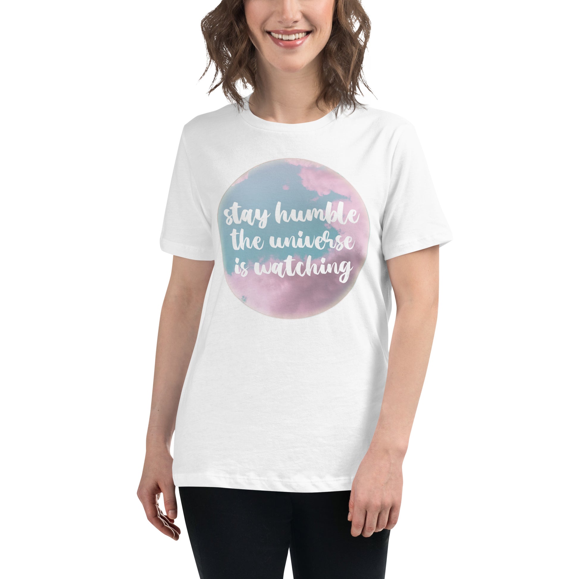 Stay Humble Universe White Motivational Women’s T-Shirt Lifestyle