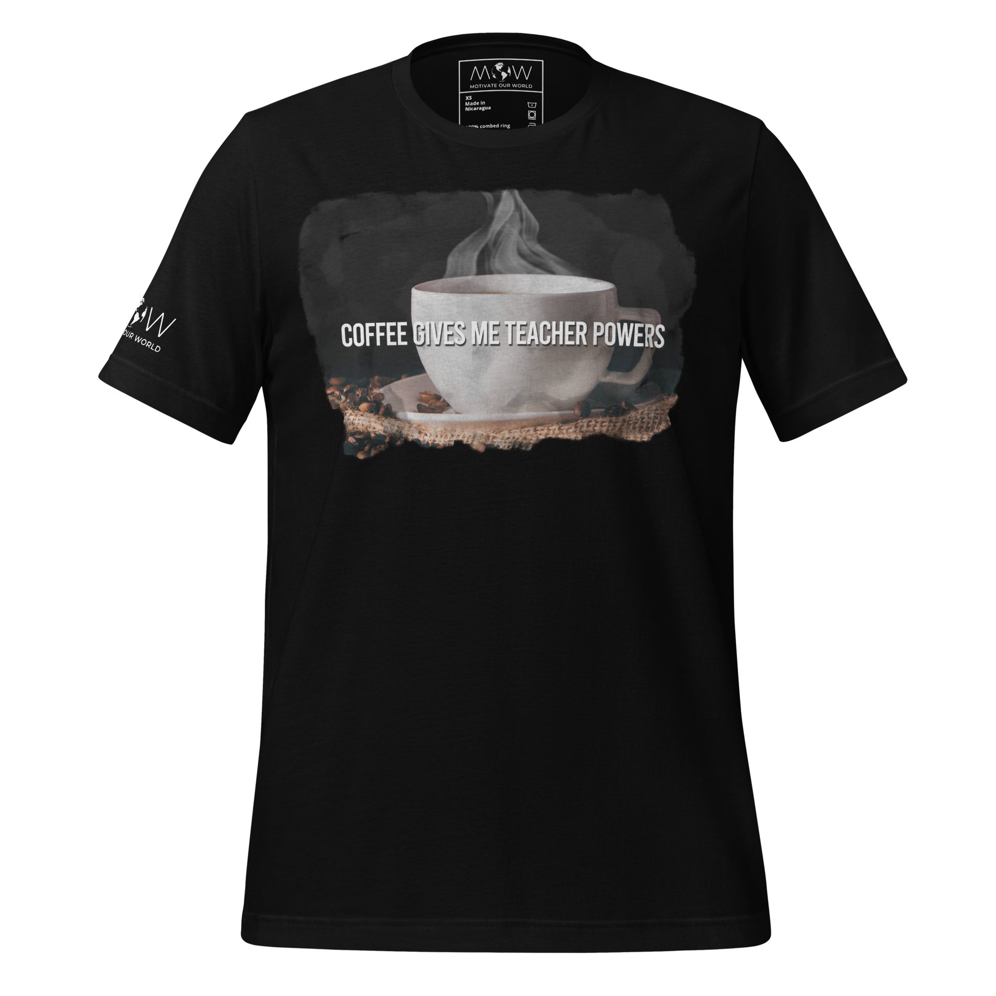 Steaming Cup Of Coffee Give Teacher Powers Men's Motivational Black  T-Shirt