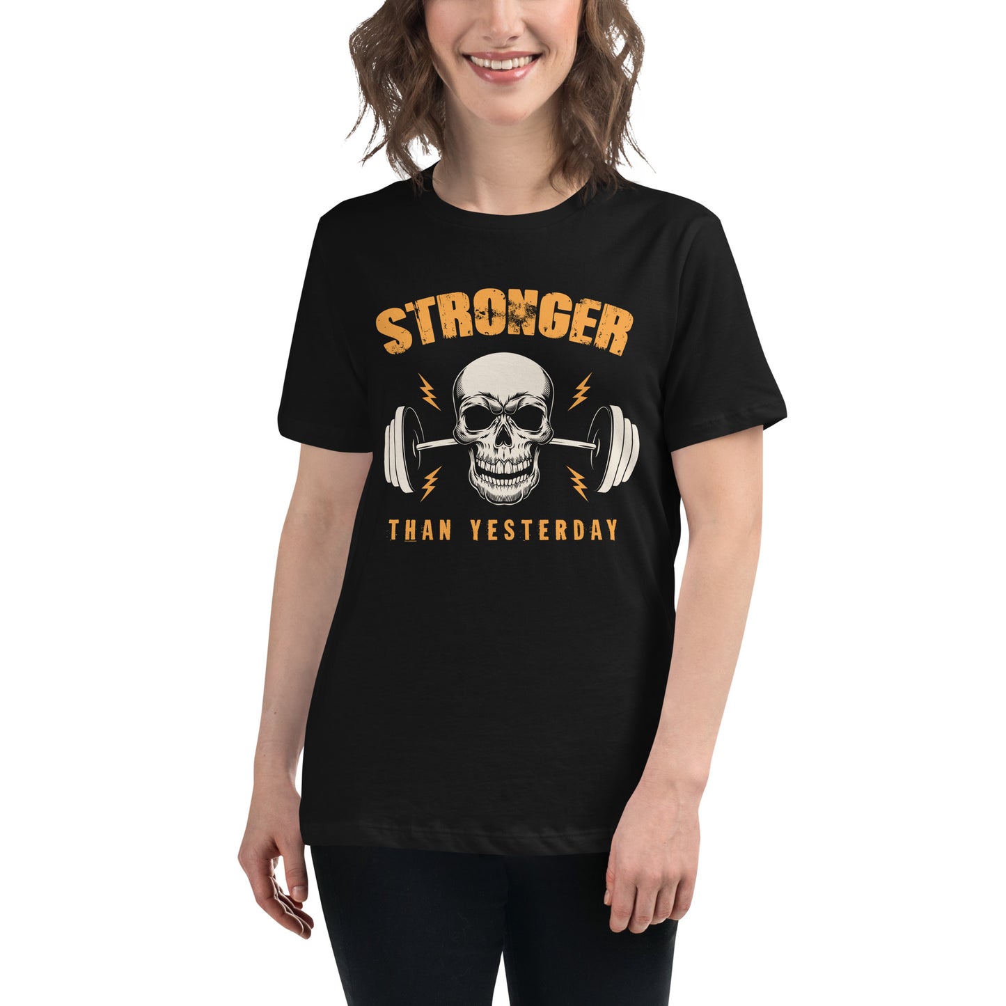 Stronger Than Yesterday Skull Black Motivational Women’s T-Shirt