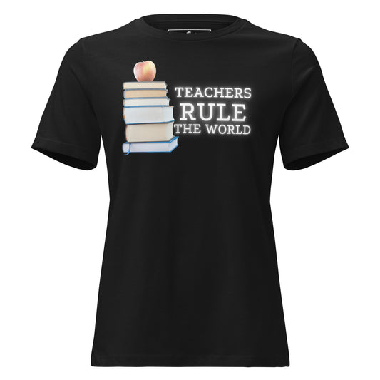 Teachers Rule the World - Books & Apple Black Motivational Women’s T-Shirt