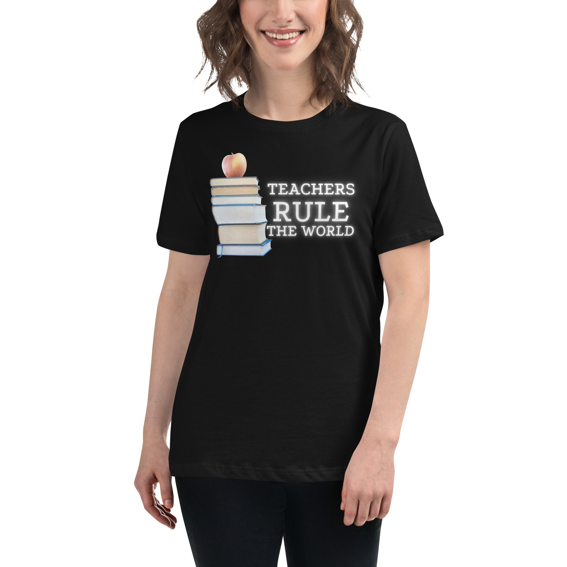 Teachers Rule the World - Books & Apple Black Motivational Women’s T-Shirt Lifestyle