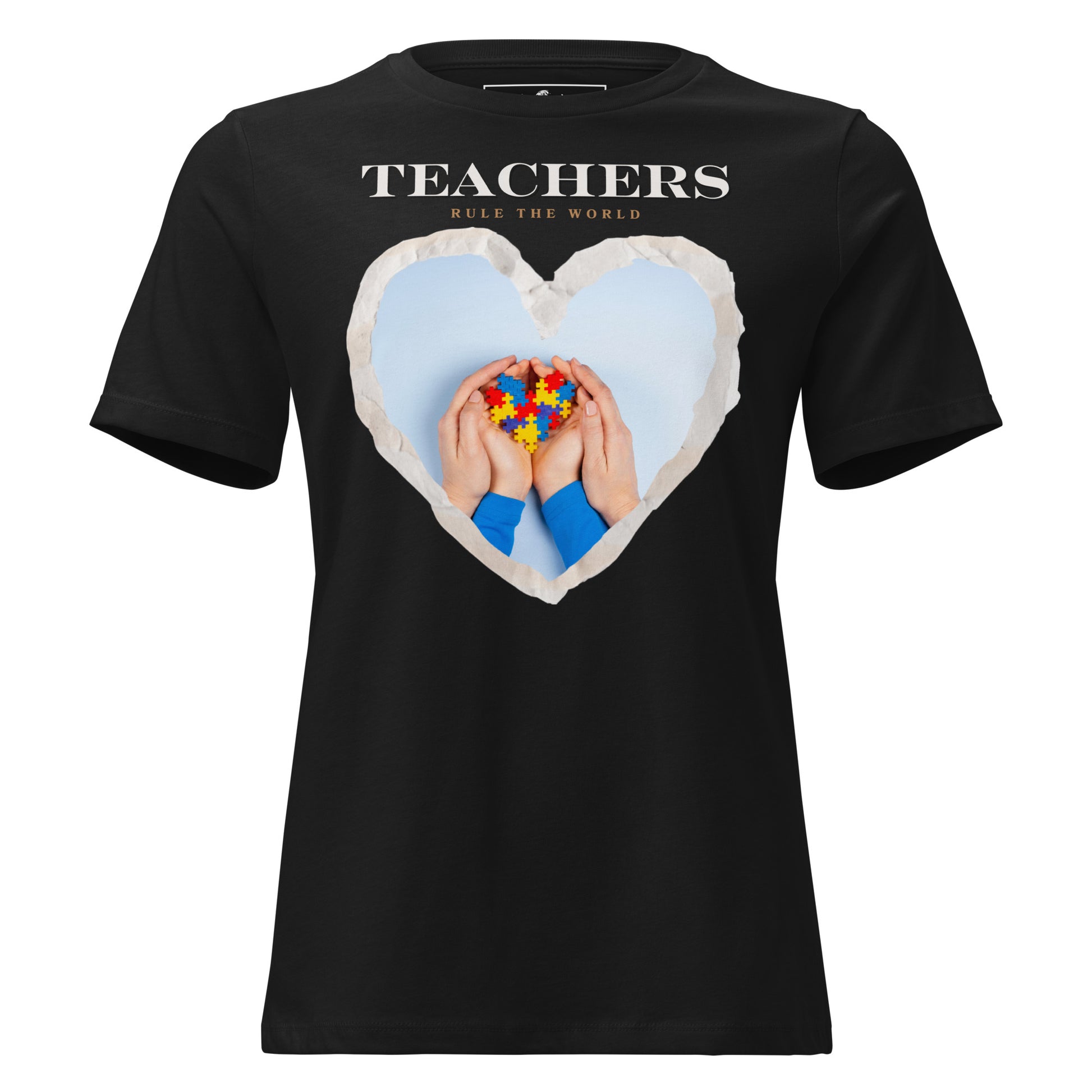 Teachers Rule the World - Puzzle Heart Black Motivational Women’s T-Shirt