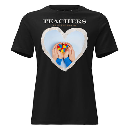 Teachers Rule the World - Puzzle Heart Black Motivational Women’s T-Shirt