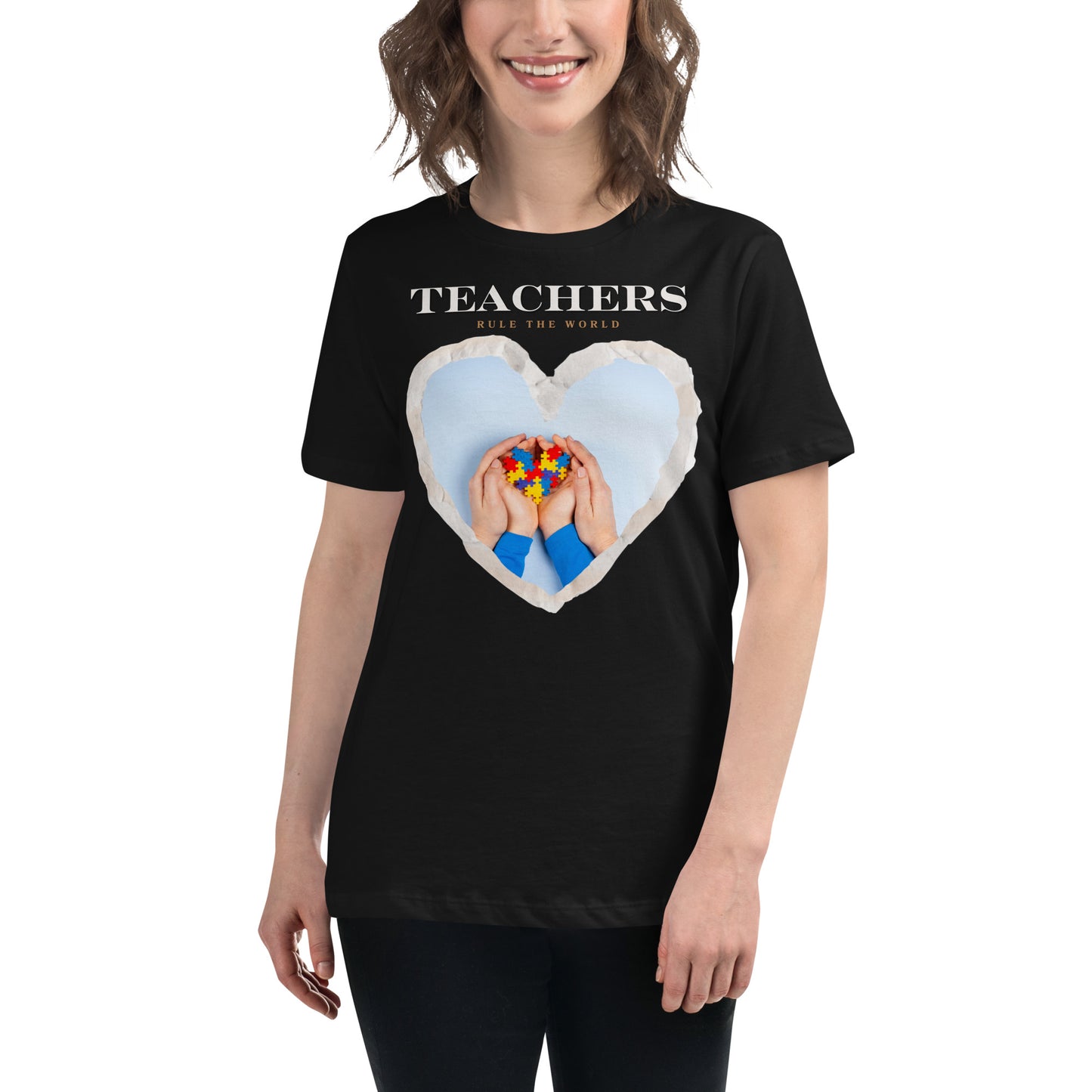 Teachers Rule the World - Puzzle Heart Black Motivational Women’s T-Shirt Lifestyle