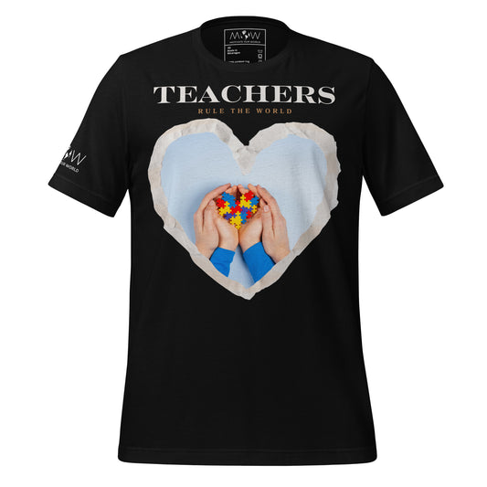 Teachers Rule the World - Puzzle Heart Motivational Black Men's T-Shirt
