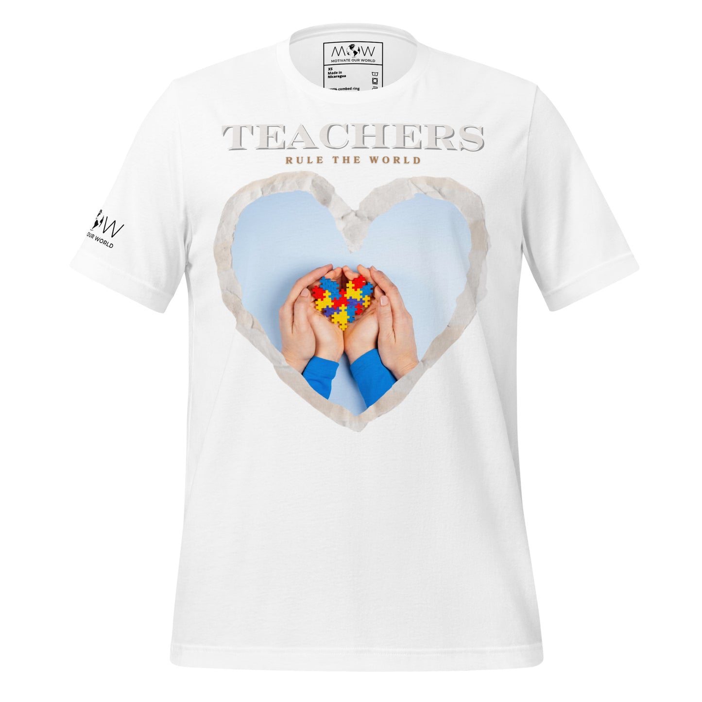 Teachers Rule the World - Puzzle Heart Motivational White  Men's T-Shirt