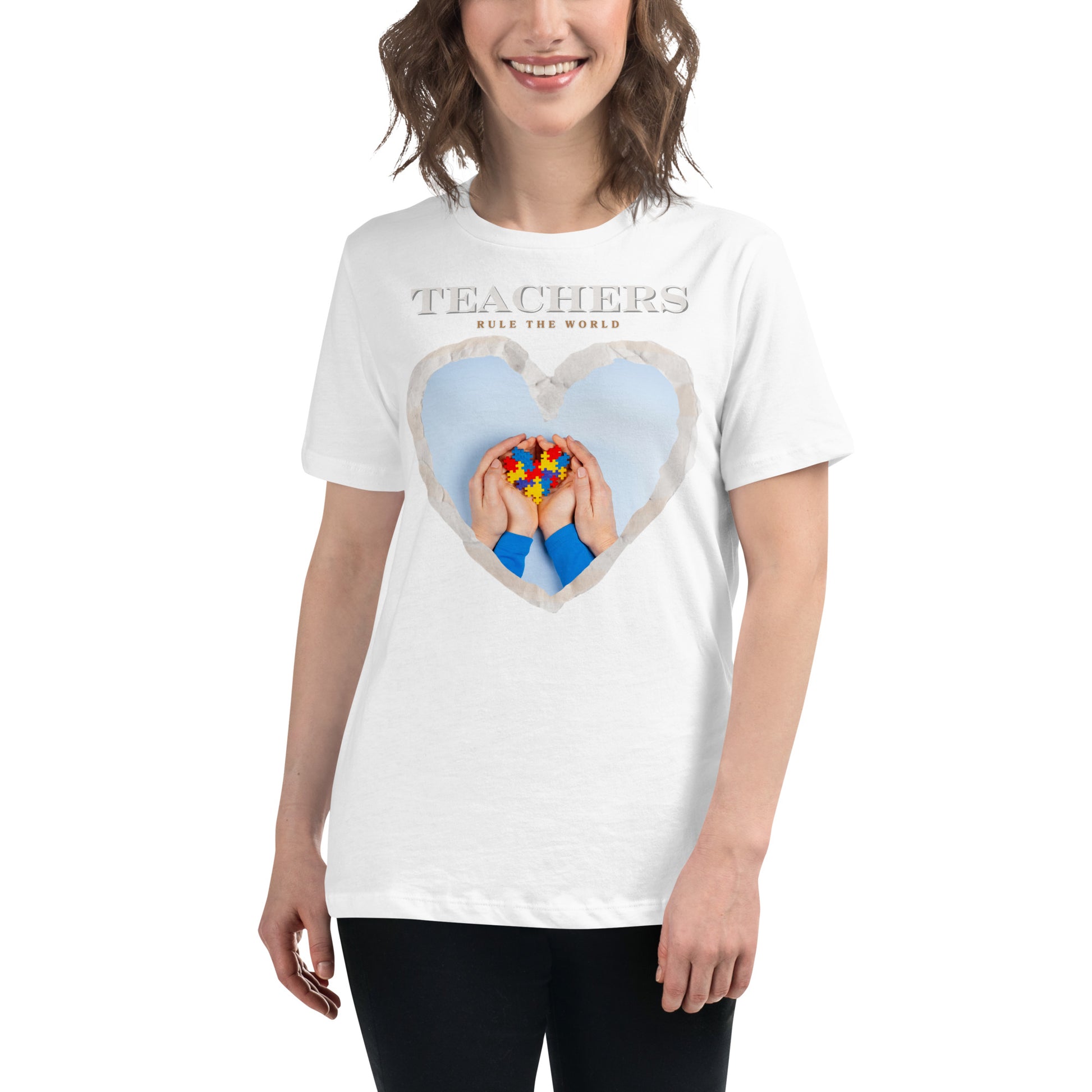 Teachers Rule the World - Puzzle Heart White  Motivational Women’s T-Shirt Lifestyle