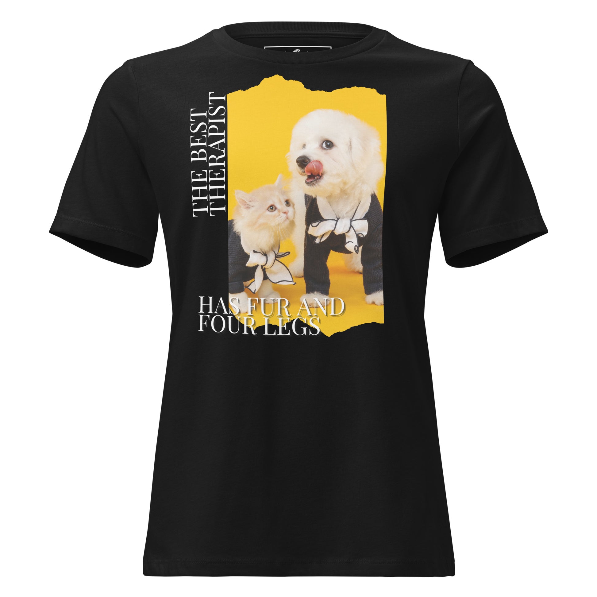 The Best Therapist Has Fur and Four Legs - Adorable Cat and Dog Black Motivational Women’s T-Shirt