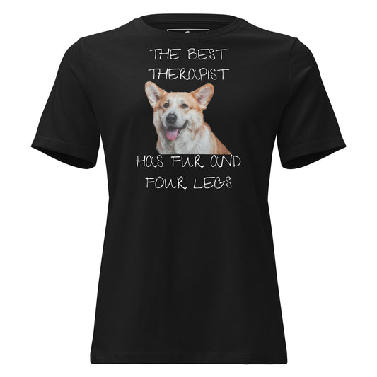 The Best Therapist Has Fur and Four Legs - Corgi Black Motivational Women’s T-Shirt