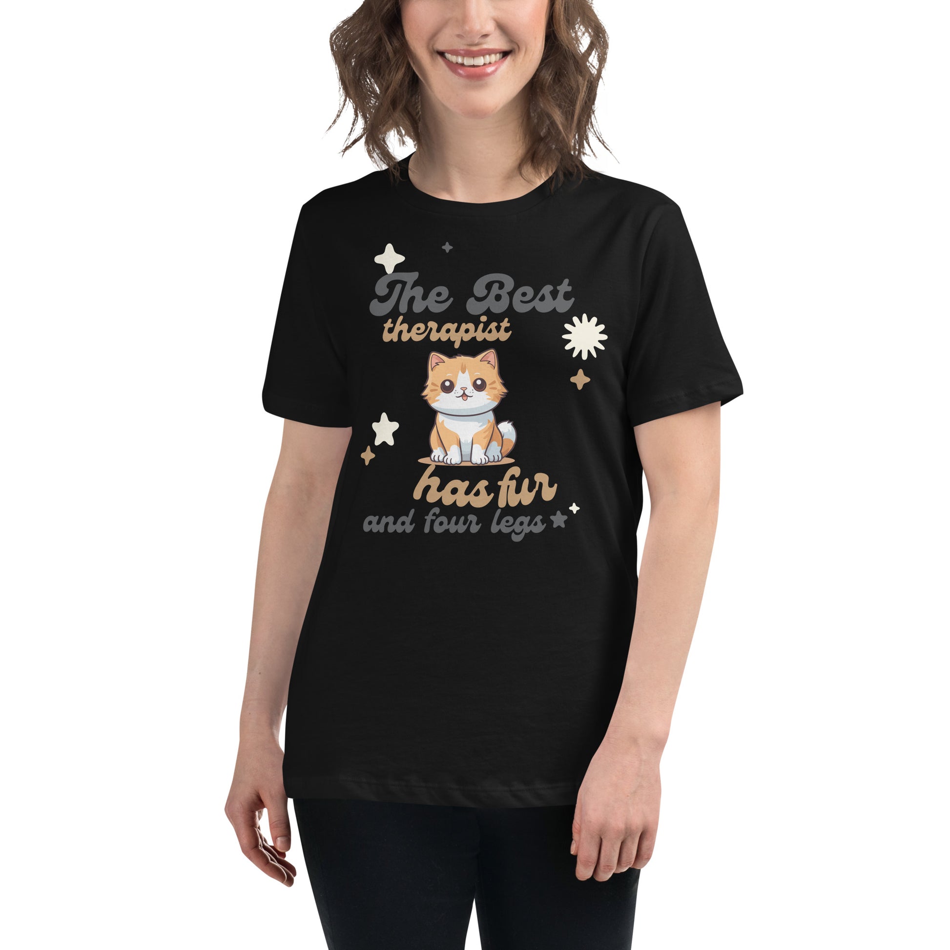 The Best Therapist Has Fur and Four Legs - Cute Cat Black Motivational Women’s T-Shirt Lifestyle