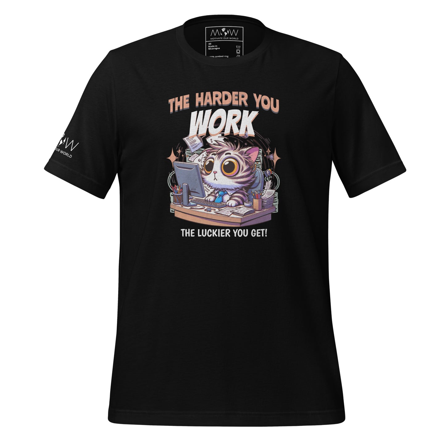 The Harder You Work, The Luckier You Get Cat Men's Motivational Black T-Shirt