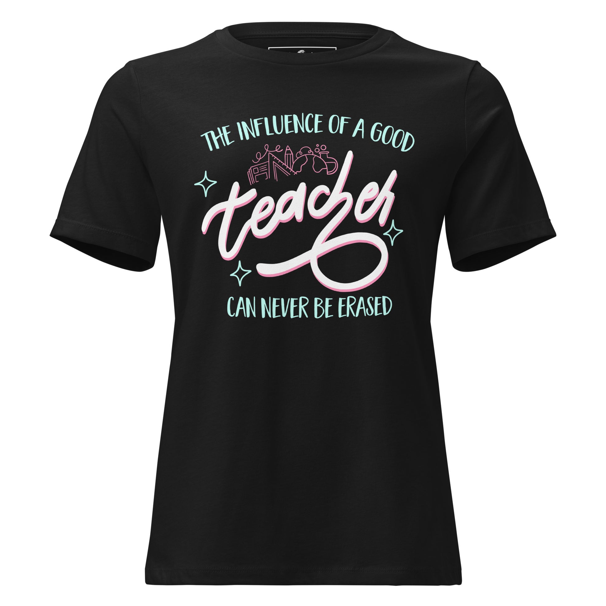 The Influence of a Good Teacher – Neon School Icons Black Motivational Women’s T-Shirt