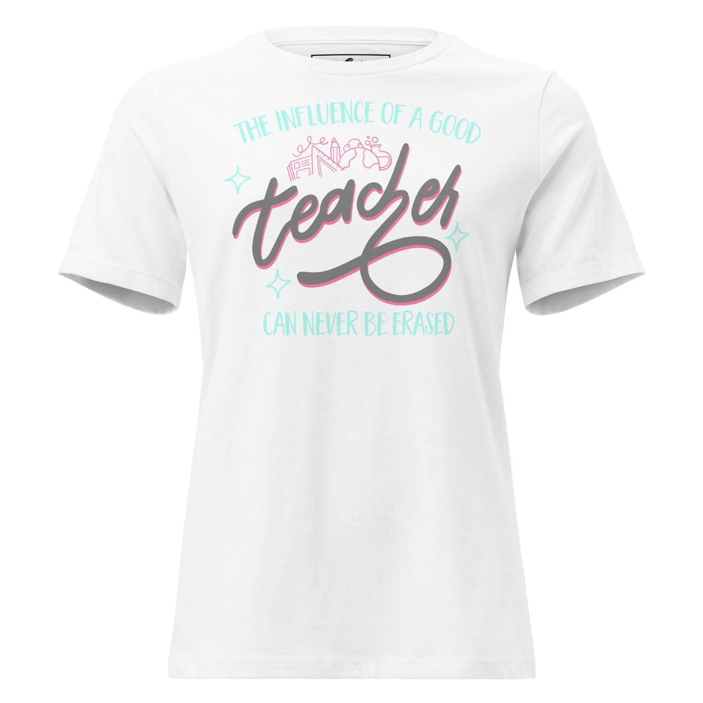 The Influence of a Good Teacher – Neon School Icons White Motivational Women’s T-Shirt