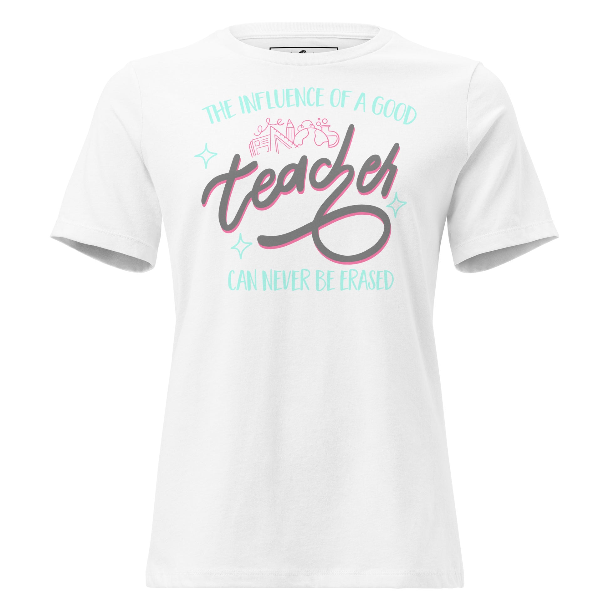 The Influence of a Good Teacher – Neon School Icons White Motivational Women’s T-Shirt