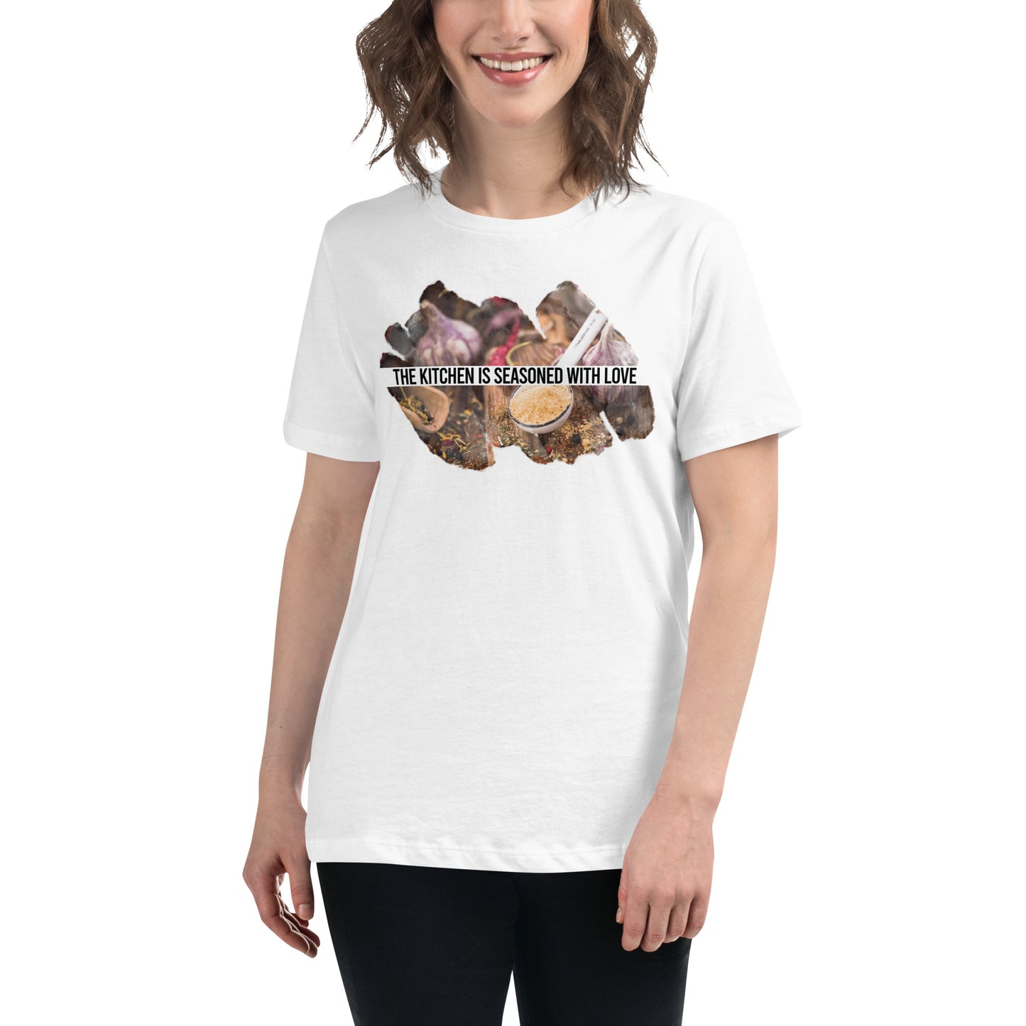 The Kitchen Is Seasoned With Love Garlic Spices White Motivational Women’s T-Shirt Lifestyle