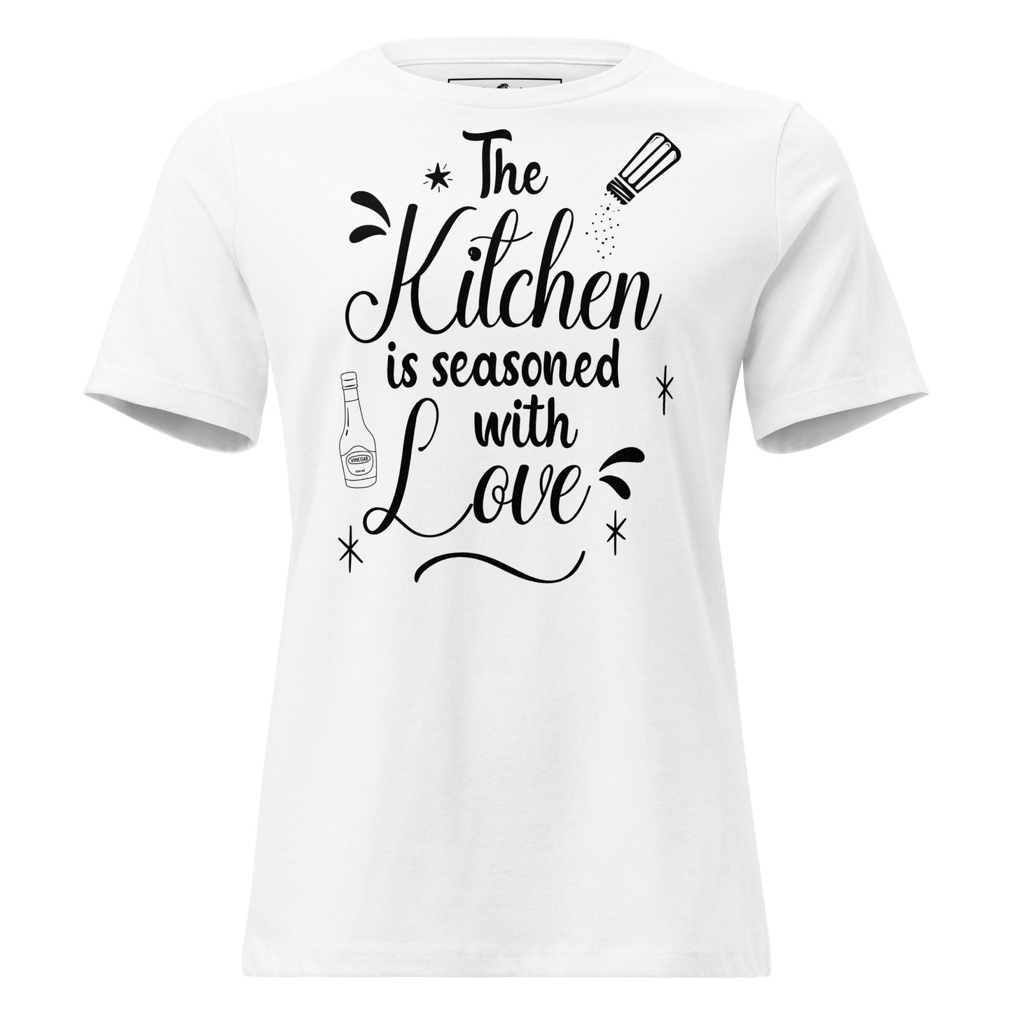 The Kitchen Is Seasoned With Love White Script White Motivational Women’s T-Shirt