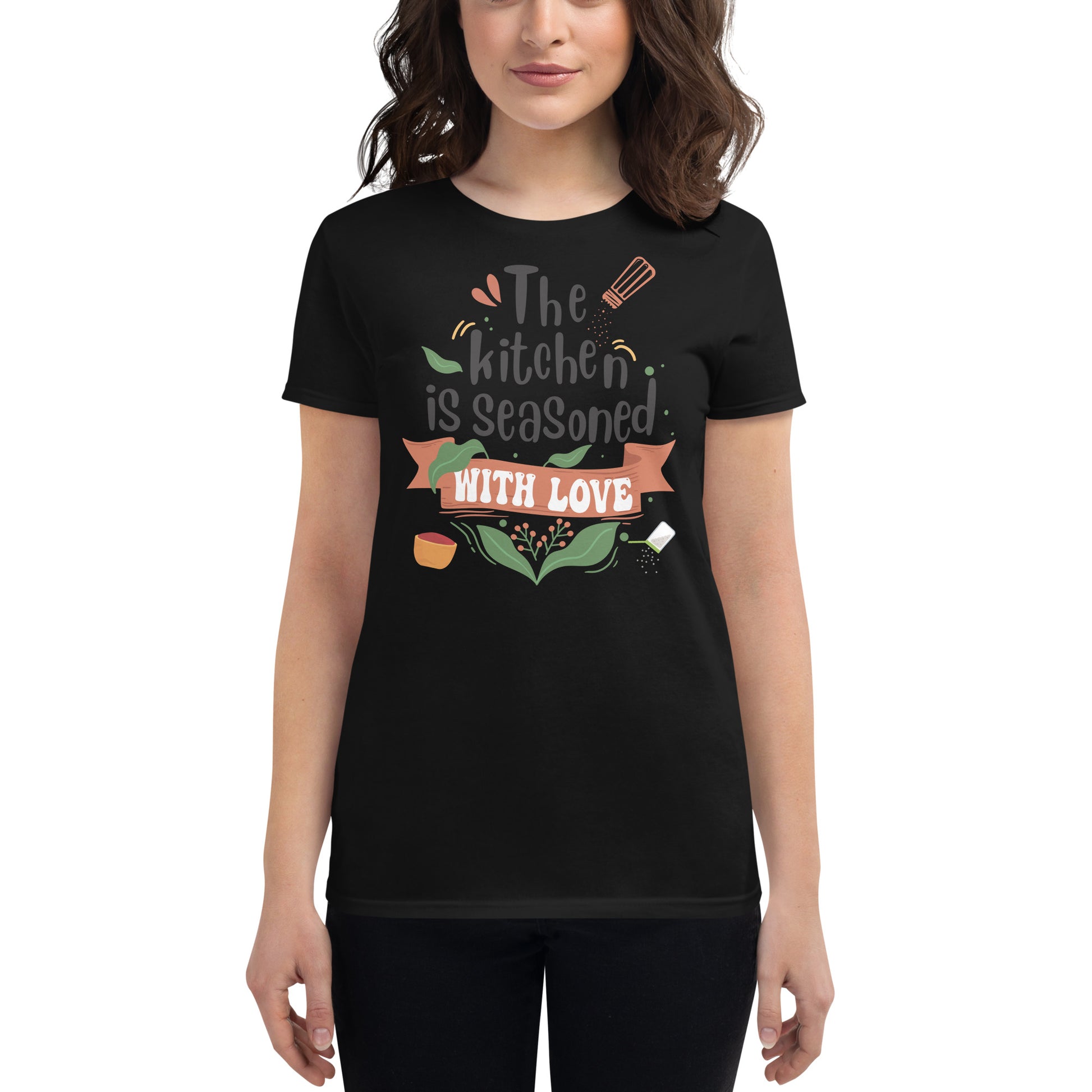 The Kitchen is Seasoned with Love Women’s Motivational Black T-Shirt