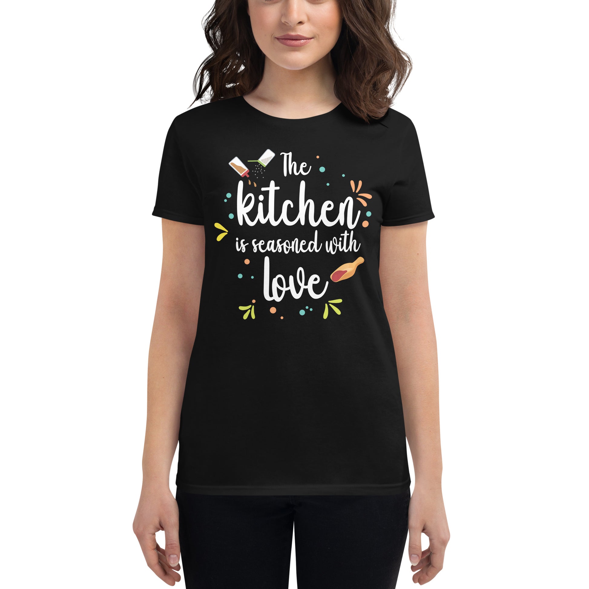 The Kitchen is Seasoned with Love Women’s Motivational Black T-Shirt