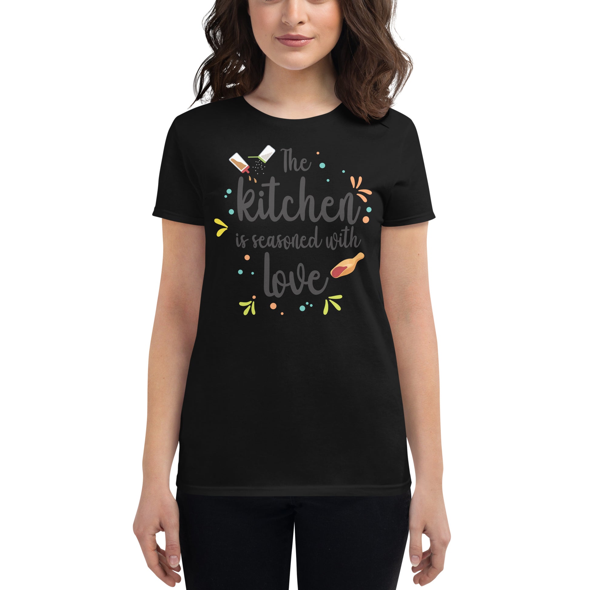 The Kitchen is Seasoned with Love Women’s Motivational Black T-Shirt