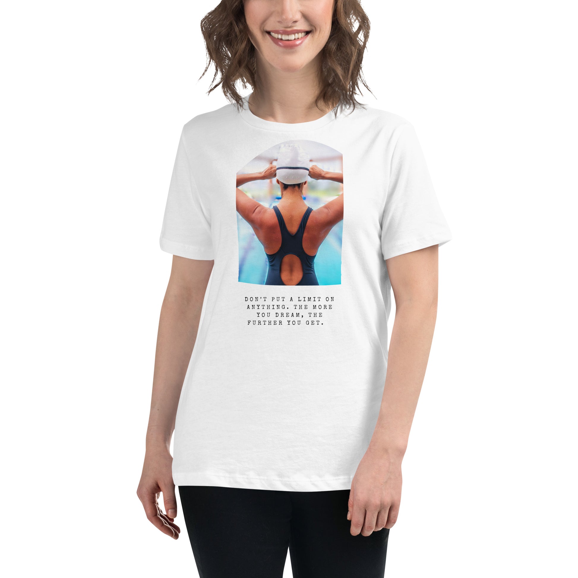 "The More You Dream, The Farther You Get" Swimmer White Motivational Women’s T-Shirt Lifestyle