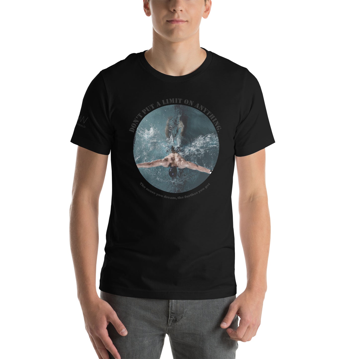 "The More You Dream, The Farther You Get" Swimmer's Strength Men's Motivational Black T-Shirt