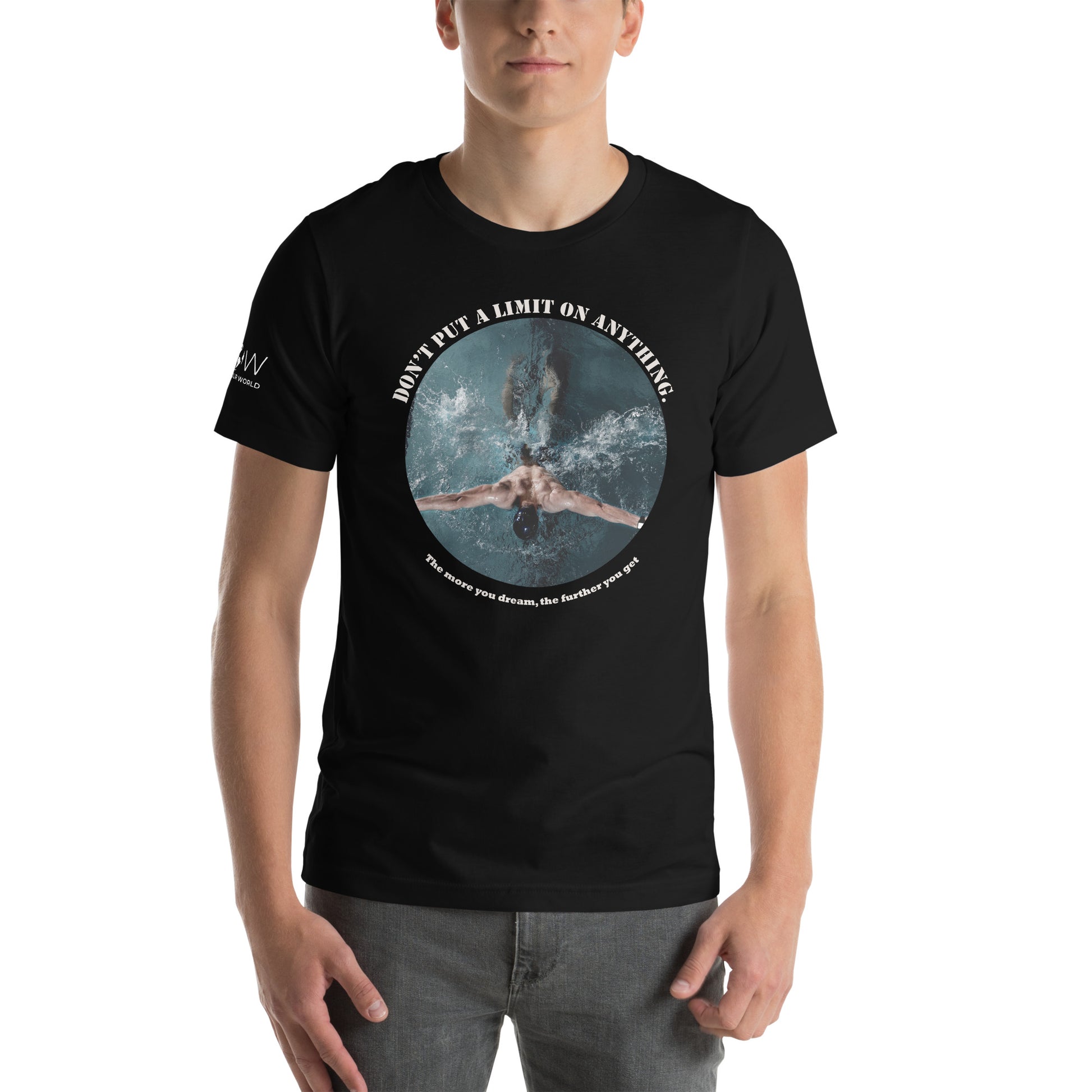 "The More You Dream, The Farther You Get" Swimmer's Strength Men's Motivational Black T-Shirt
