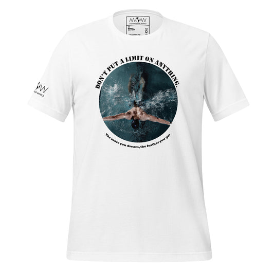 "The More You Dream, The Farther You Get" Swimmer's Strength Men's Motivational White T-Shirt