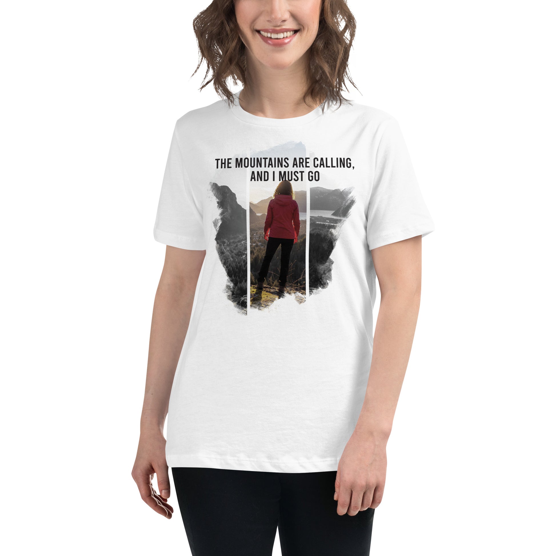 The Mountains Are Calling Summit View White Motivational Women’s T-Shirt Lifestyle