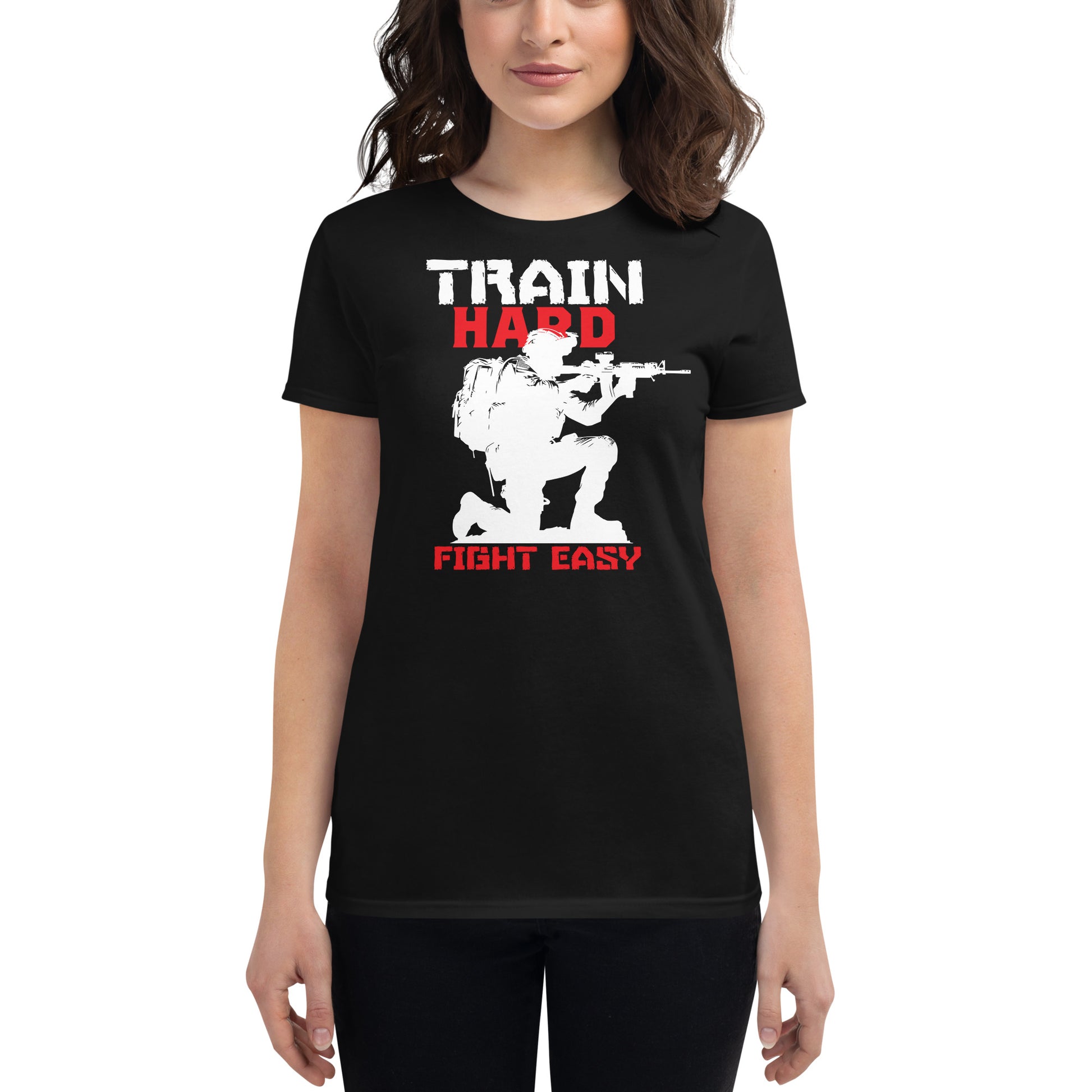 Train Hard, Fight Easy Women’s Motivational Black T-Shirt