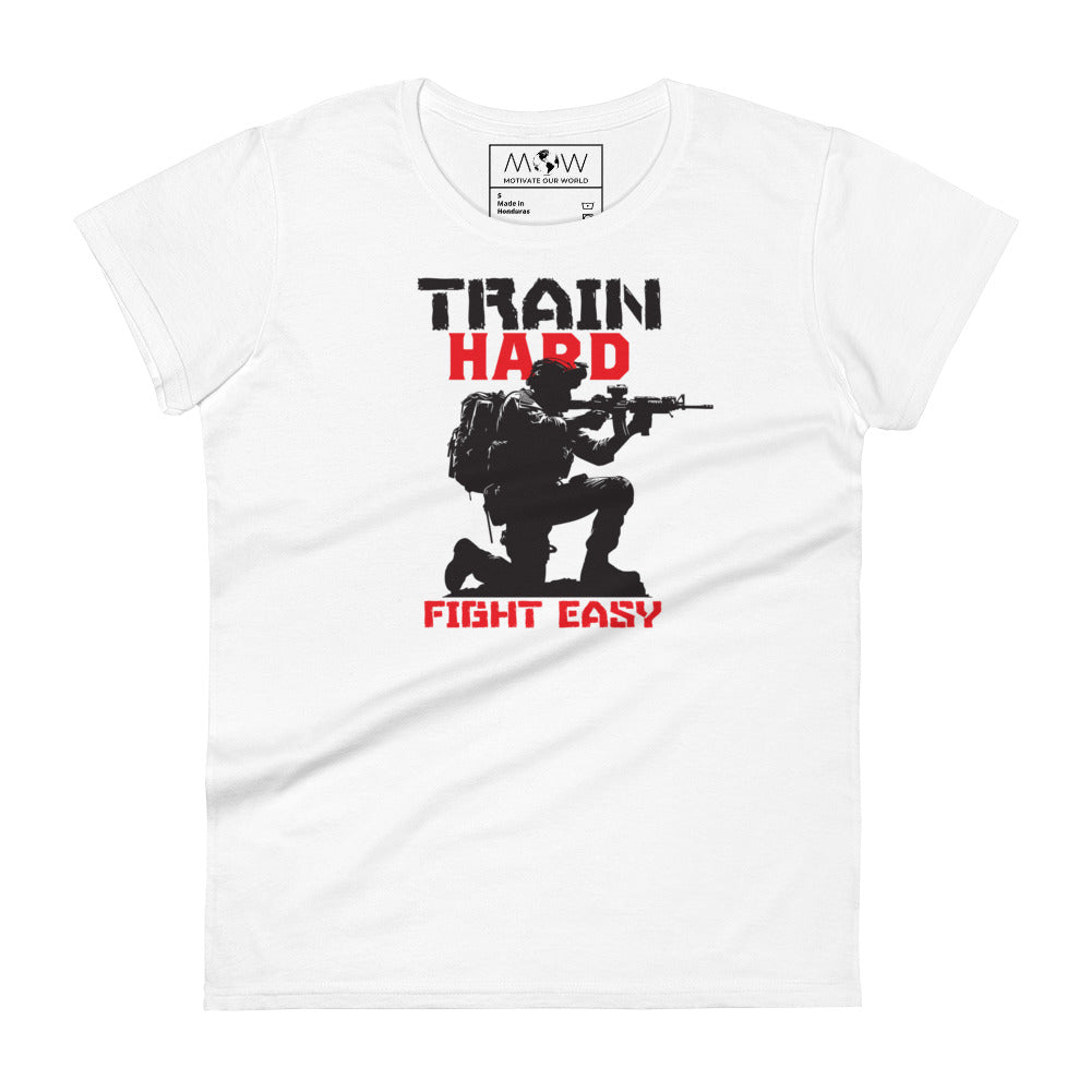 Train Hard, Fight Easy Women’s Motivational White T-Shirt