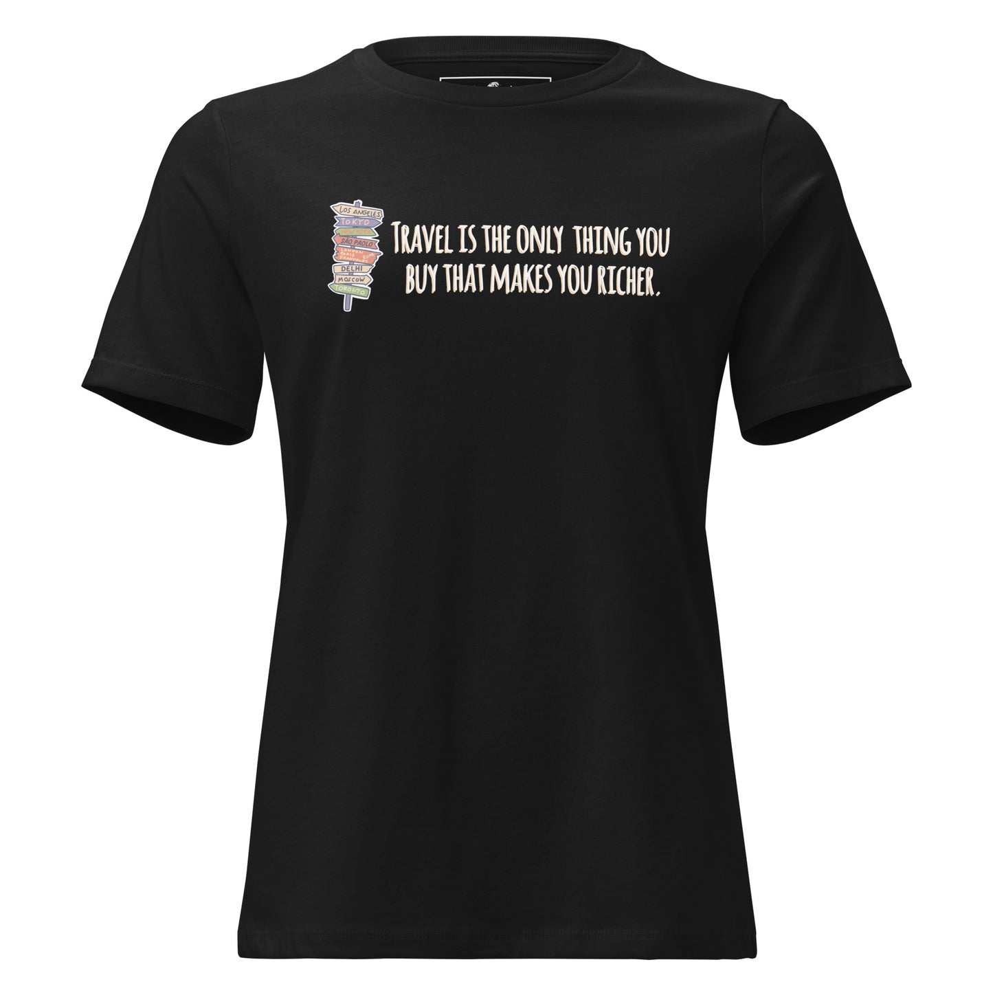 Travel Is the Only Thing You Buy That Makes You Richer (Signpost Design) Black Motivational Women’s T-Shirt