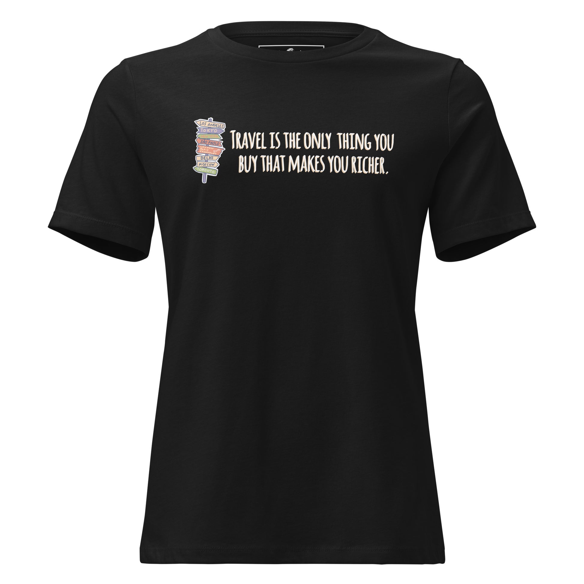 Travel Is the Only Thing You Buy That Makes You Richer (Signpost Design) Black Motivational Women’s T-Shirt