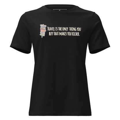 Travel Is the Only Thing You Buy That Makes You Richer (Signpost Design) Black Motivational Women’s T-Shirt