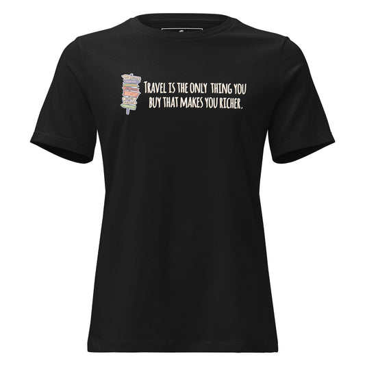 Travel Is the Only Thing You Buy That Makes You Richer (Signpost Design) Black Motivational Women’s T-Shirt
