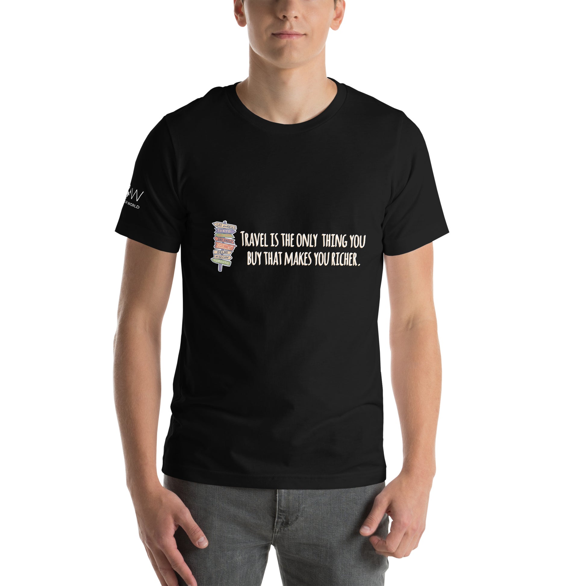 Travel Is the Only Thing You Buy That Makes You Richer (Signpost Design) Men's Motivational Black T-Shirt