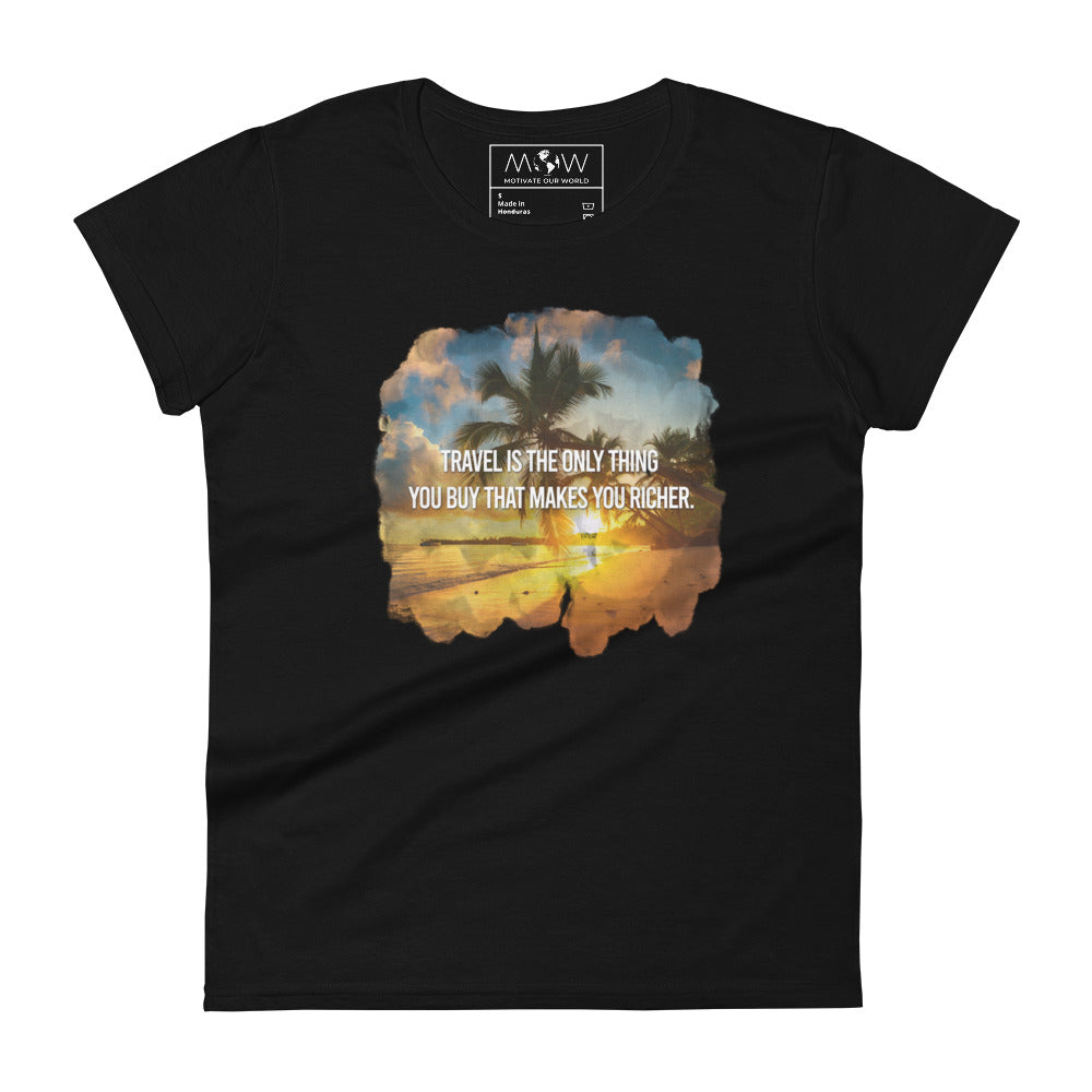 Travel Makes You Richer (Tropical Sunset Design) Women’s Motivational Black T-Shirt